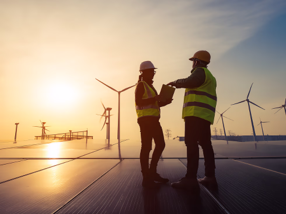Workers in safety gear at a wind farm site